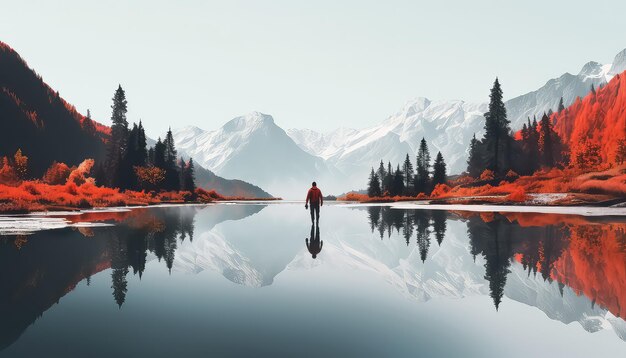 A man on a winter hike against the backdrop of mountains