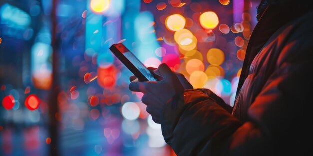 Фото Человек с телефоном на улице на размытом фоне в бокех кругах генеративный ии