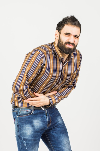 Man with abdominal pain On a white background