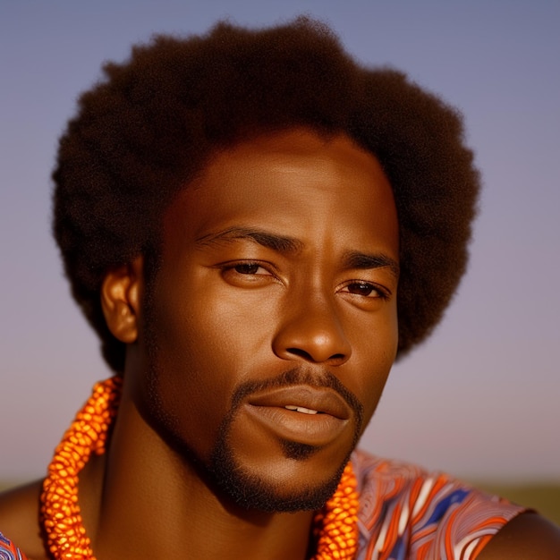 A man with an afro and a blue and orange necklace.