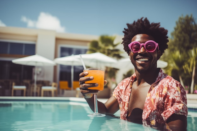 Man with afro hairstyle toasting with cocktail on a pool