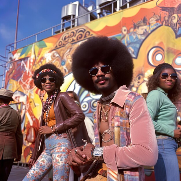 Photo a man with an afro is standing in front of a bus with other people