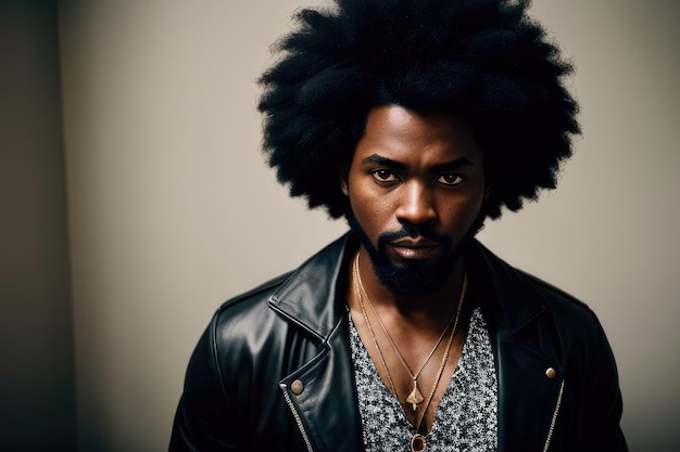 A man with a afro and a leather jacket stands in front of a grey background.