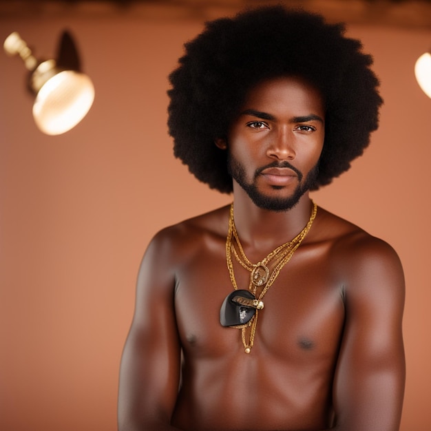 A man with a afro and a pendant that says " the word " on it.