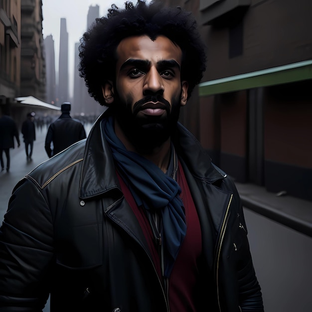 A man with an afro stands in a street in front of a building.