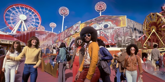 Photo a man with a afro and sunglasses is walking in front of a carnival