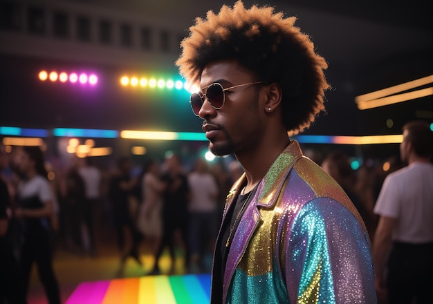 Photo a man with a afro wearing a colorful jacket and sunglasses at a party with people in the background