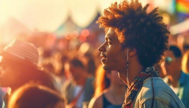 A man with an afro wearing earbuds looks up at a crowd at a music festival.