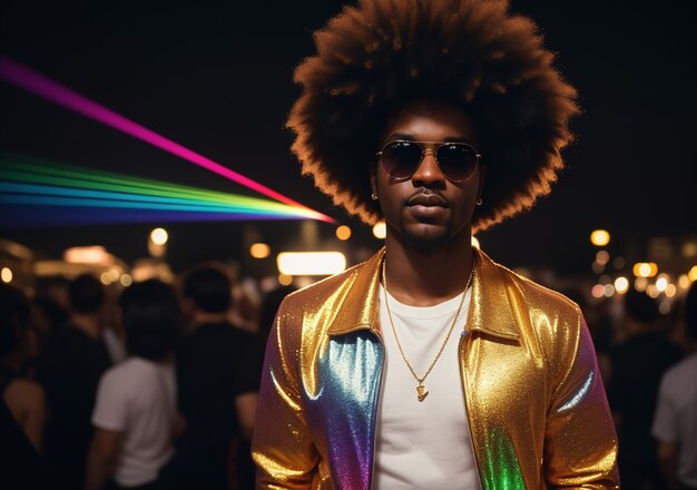 Photo a man with a afro wearing a gold jacket and sunglasses at a festival with a rainbow light in the bac