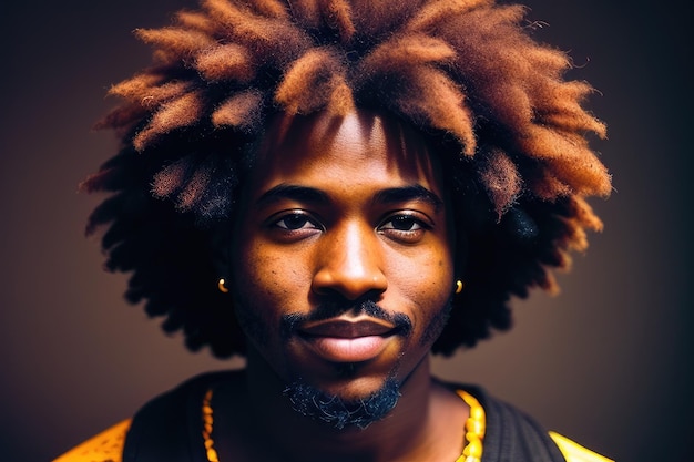 A man with a afro and a yellow top with the word afro on it