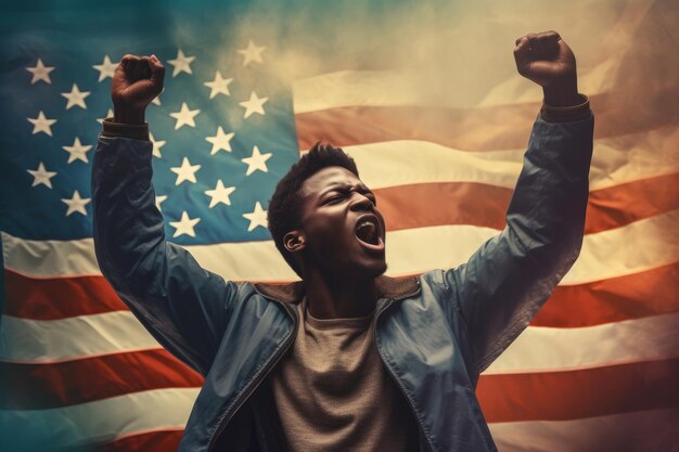 Photo man with the american flag and fist raised in the air as he celebrates juneteenth 4th july