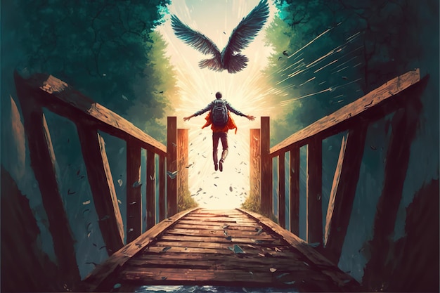 A man with angel wings hovers over a dilapidated wooden bridge