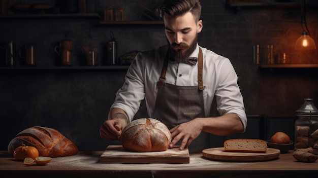 Photo the man with an apron is holding up a loaf of bread on the tabletop in the kitchen generative ai aig21