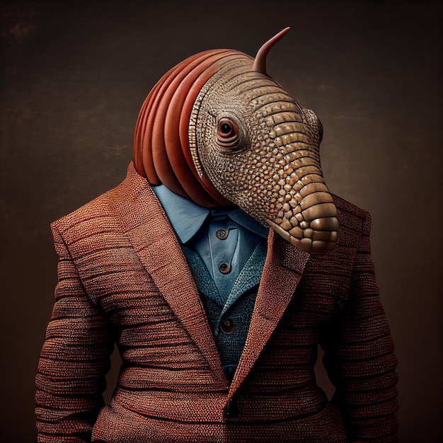 A man with an armadillo on his head is wearing a suit.