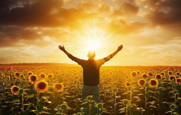 Man with arms raised amidst sunflower plantation sunset in the background generative ai