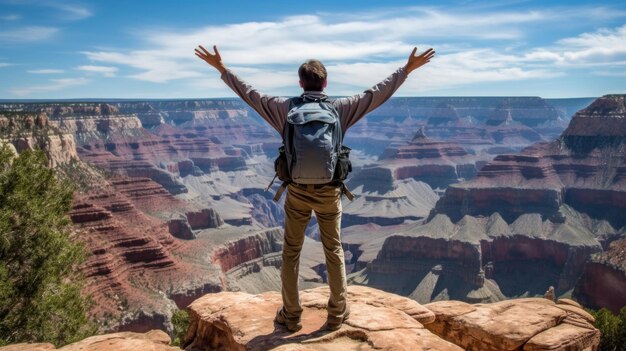 Man with arms up on the top of Grand Canyon on the cliff raising hands to the sky Generative AI