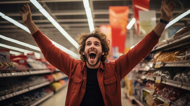 Photo man with arms wide open in grocery store