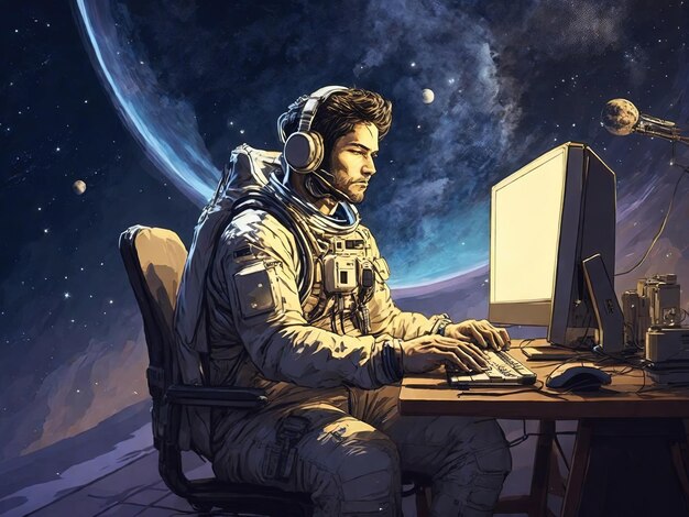 man with astronaut in the background computer art