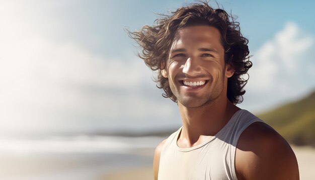 Man with athletic body on the beach on a sunny day