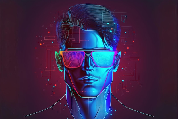 A man with augmented reality glasses Abstract holography with data and graph Digital illustration