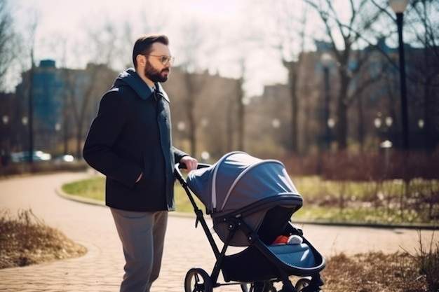 A man with a baby stroller stands in a park, with his son in a stroller.