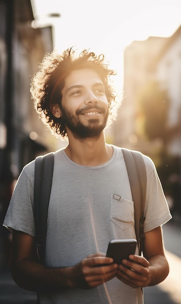 A man with a backpack and a book on his shoulder