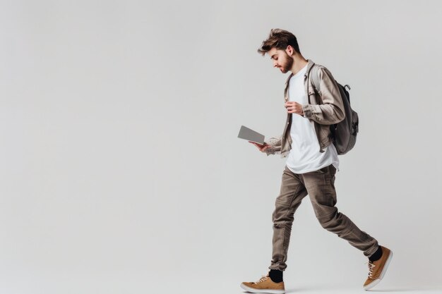 a man with a backpack and a book