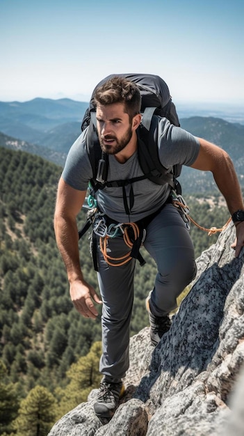 a man with a backpack climbing up a mountain