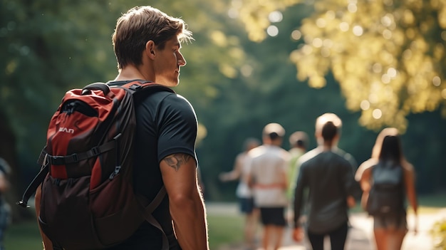 Мужчина с рюкзаком наслаждается природой во время прогулки, воплощая городскую фитнес и тенденцию к упражнениям.