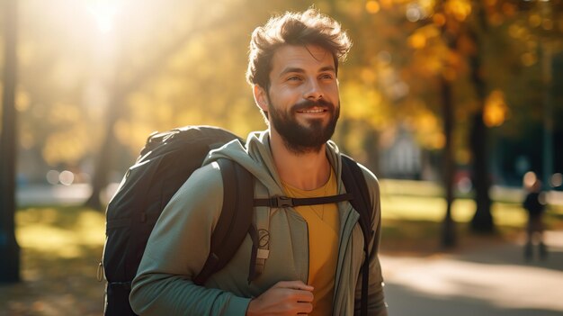 Мужчина с рюкзаком наслаждается природой во время прогулки, воплощая городскую фитнес и тенденцию к упражнениям.