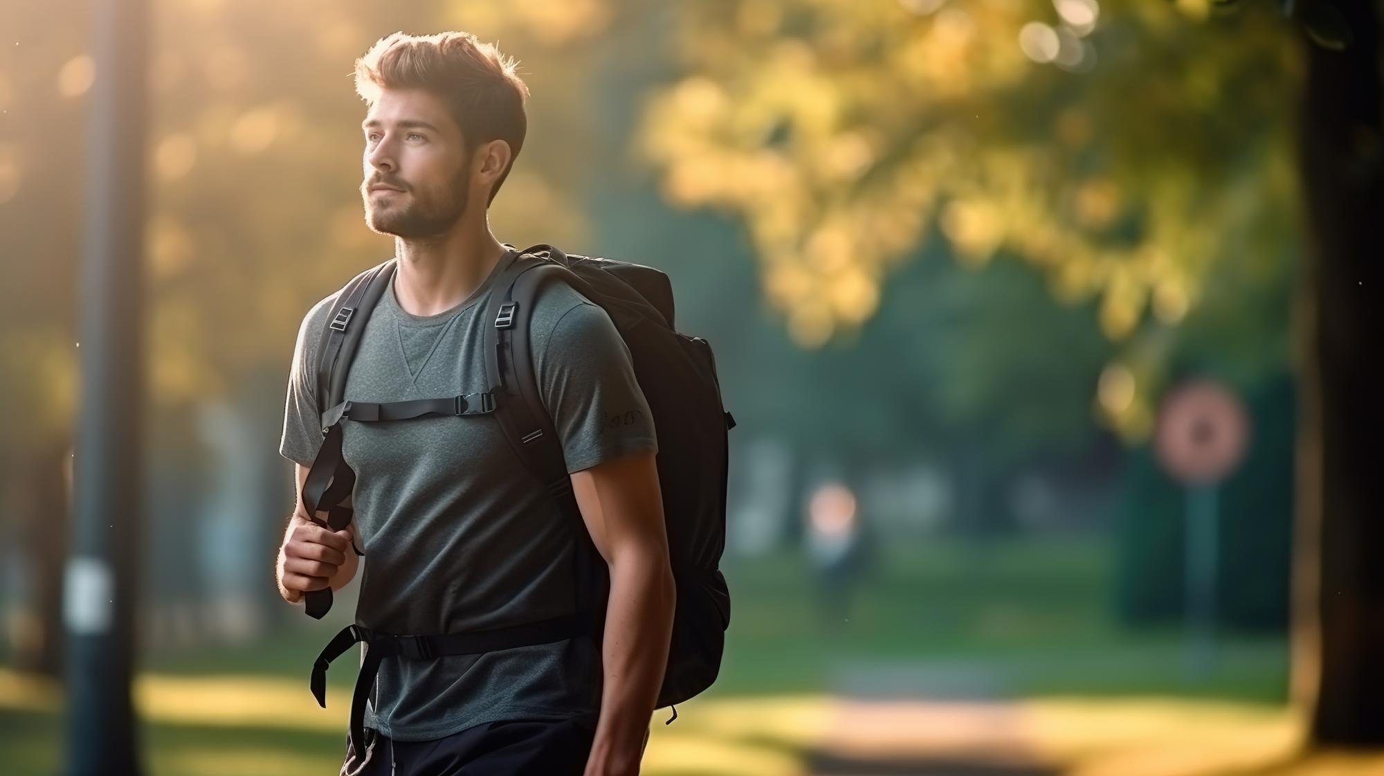 A man with a backpack enjoys nature while walking embodying urban fitness and the trend of rucking for exercise