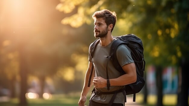 A man with a backpack enjoys nature while walking embodying urban fitness and the trend of rucking for exercise