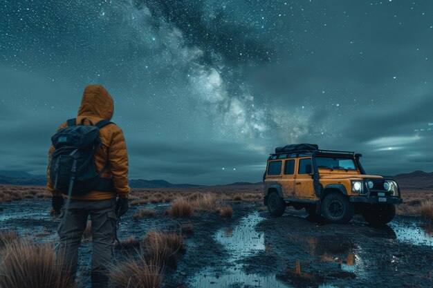 Photo man with backpack gazing at stars in sky