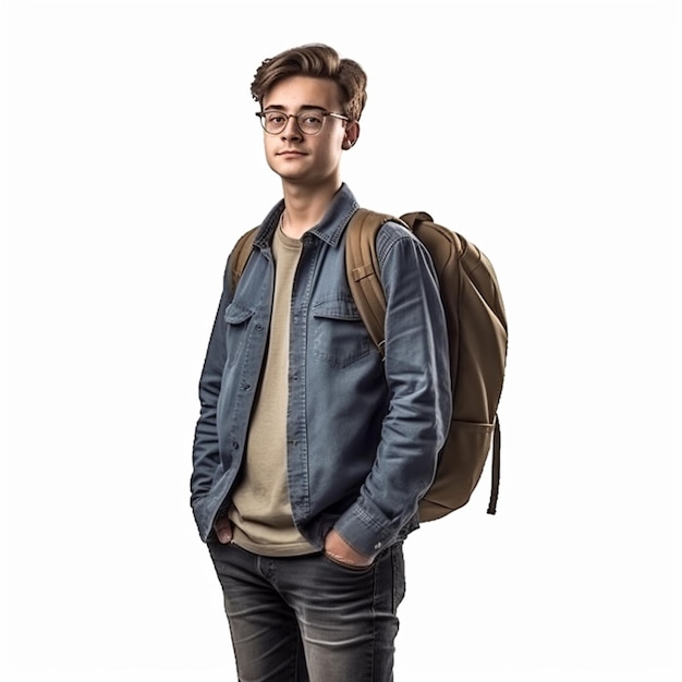 A man with a backpack and glasses stands in front of a white background