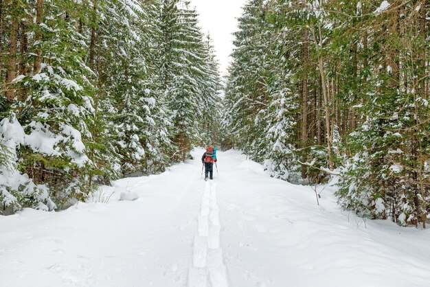 Man with backpack going in deep snow to winter forest