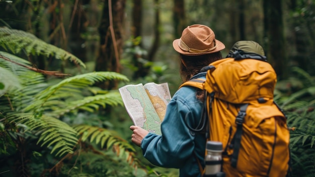 Photo a man with a backpack and hat reading a map in the woods ai