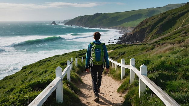 Man with backpack hiking on a footpath along the Atlantic Ocean