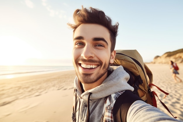 A man with a backpack on his back walks along a beach.