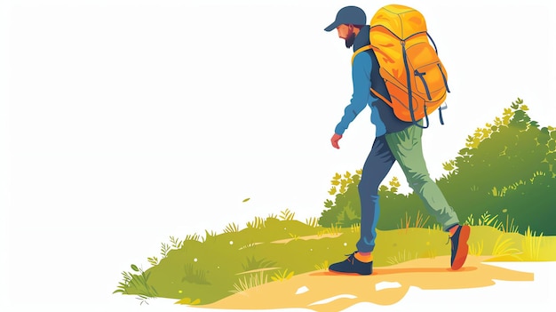 Photo a man with a backpack is hiking on a dirt path through a green field he is wearing a hat and a blue jacket