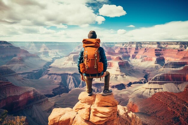 Foto un uomo con uno zaino sta guardando il canyon