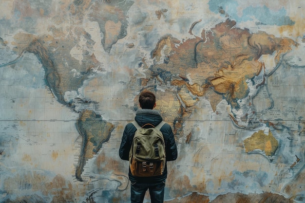 A man with a backpack is looking at a large world map