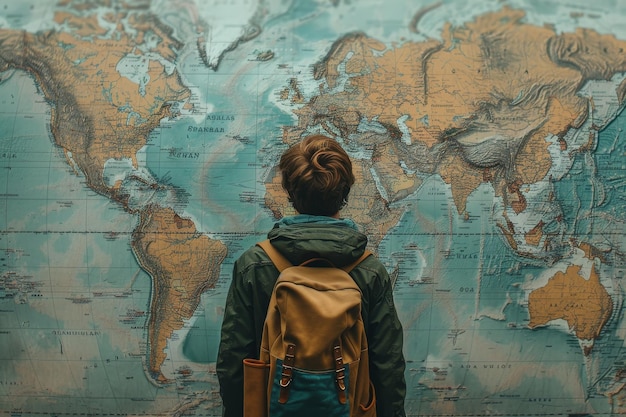 A man with a backpack is looking at a map of the world