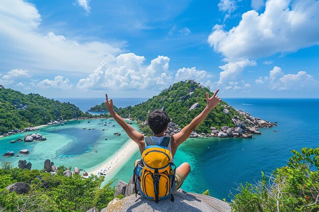 Photo a man with a backpack is sitting on a cliff overlooking a beautiful tropical island