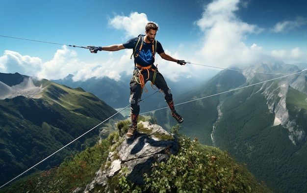 Photo a man with a backpack is standing on a mountain top