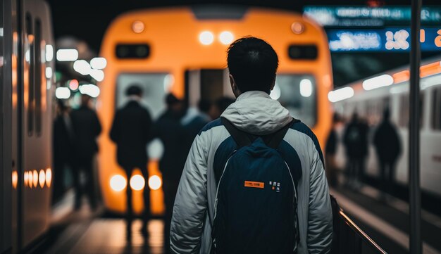 Un uomo con uno zaino è in piedi su una piattaforma con un treno sullo sfondo.