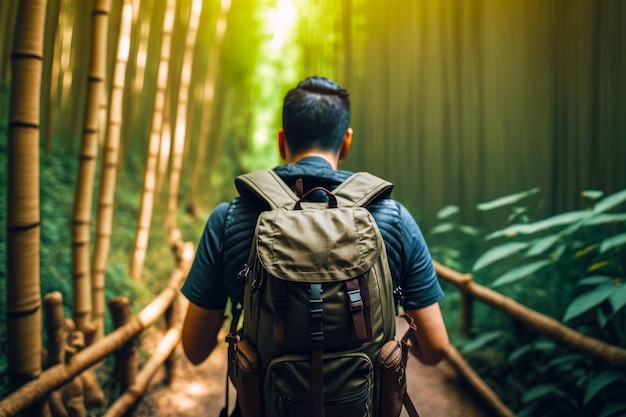 Man with backpack is walking through bamboo forest in the sunlight Generative AI