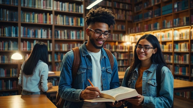 a man with a backpack is writing in a library with other students