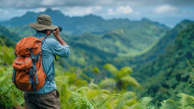 Man With Backpack Looking at Mountains