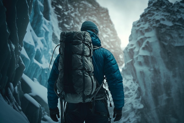 A man with a backpack prepares to ice climbing
