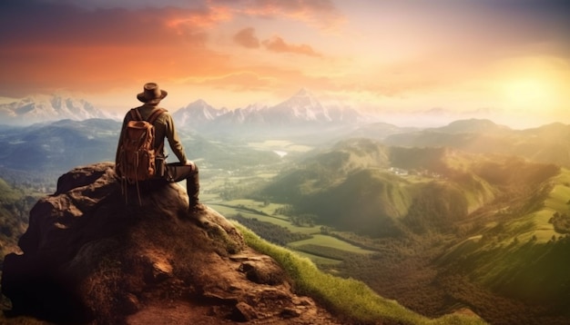 A man with a backpack sits on a cliff overlooking a valley.